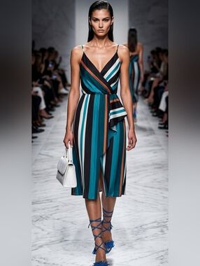 LOFT Women's XS Striped Faux Wrap Dress Blue Teal Brown Sleeveless Summer Midi